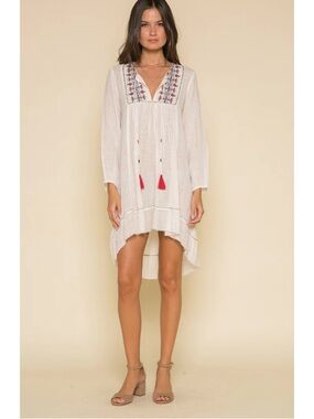 White Embroidered V-Neck Tassel Tunic Dress - XS